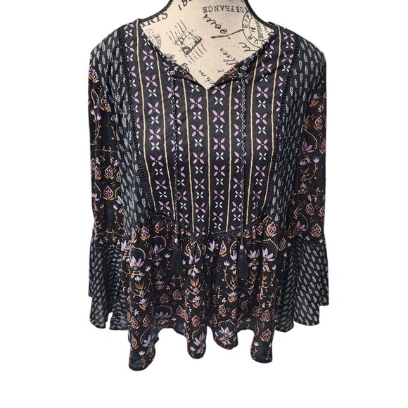 Style & Co Petite Boho Peasant Blouse Black Floral Bell Sleeve Size PL Nylon Top - Picture 1 of 15